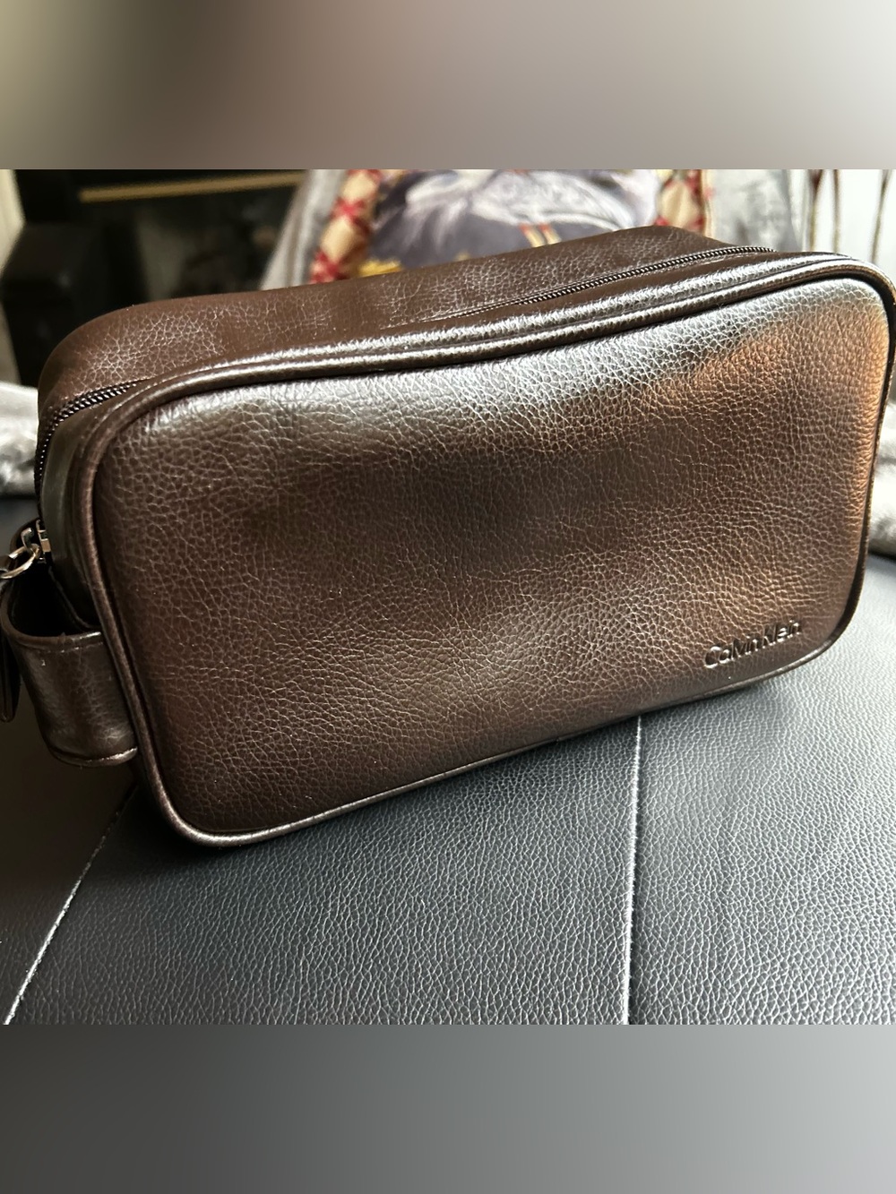 Calvin Klein Dark Brown Pebbled Leather Toiletry Bag
